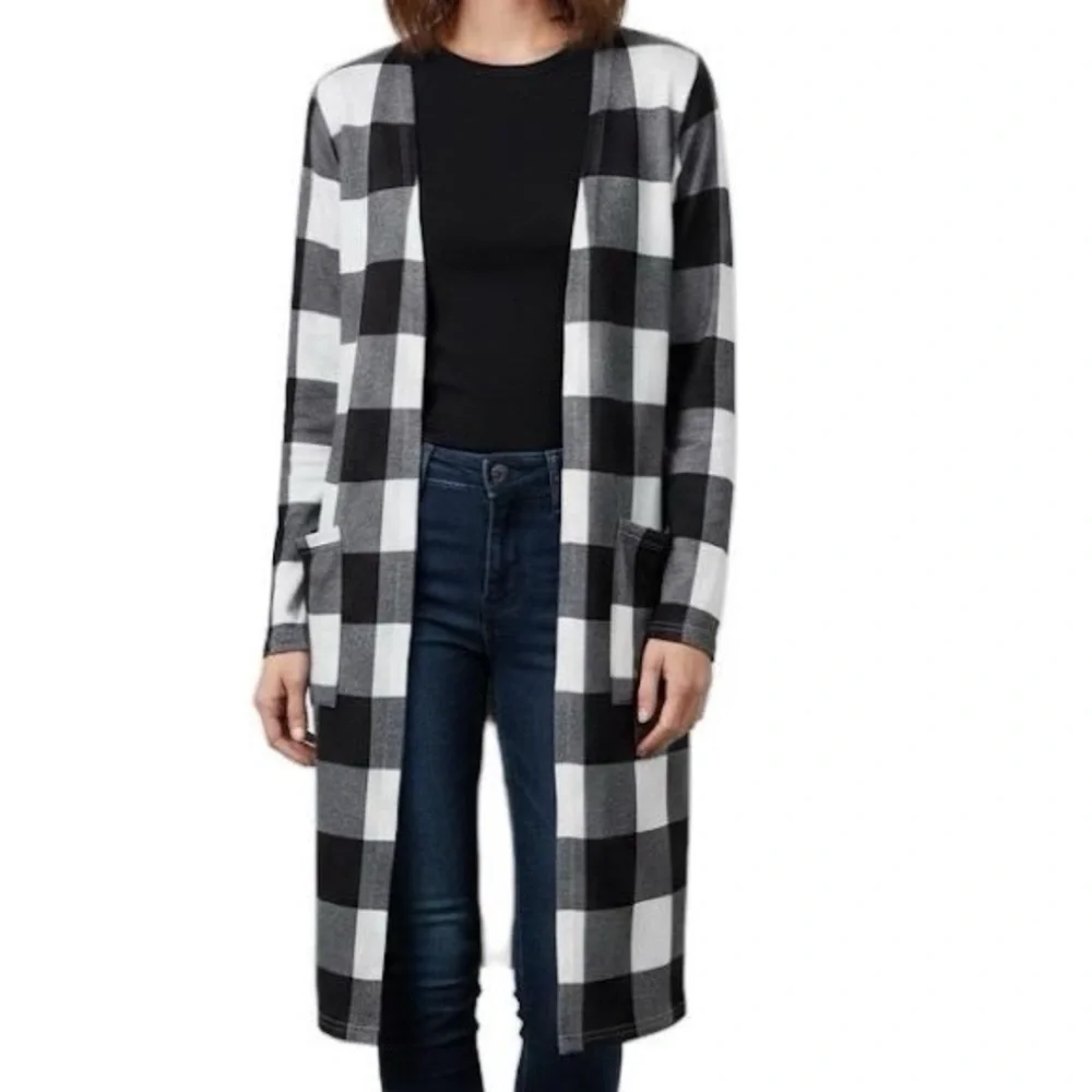 Womens Black White Buffalo Plaid Long Duster Open Cardigan Sweater Coat Jacket S